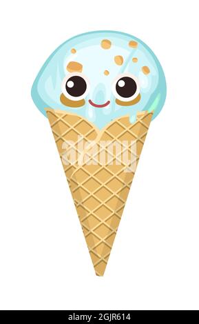 Ice cream. Cartoon funny character. The object is isolated on a white background. In a waffle cone. Summer food sweet dessert. Flat design. Vector Stock Vector
