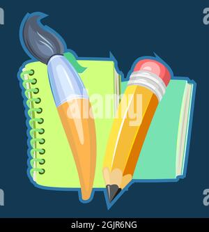 Stationery. Brushes and pencils. Notepad and book. Cartoon funny style. Symbolic object. Childrens design. Illustration Vector Stock Vector