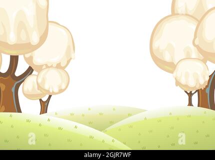 Fabulous sweet forest. Ice cream, drips of white milk cream. Trees with chocolate trunks. Cute hilly landscape for children. Isolated illustration Stock Vector