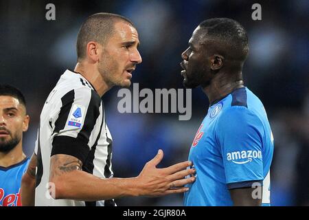 Napoli, Italy. 11th Sep, 2021. Kalidou Koulibaly player of Napoli and Leonardo Bonucci player of Juventus, during the match of the Italian SerieA league between Napoli vs Juventus, final result 2-1, match played at the Diego Armando Maradona stadium. Naples, Italy, September 11, 2021. (photo by Vincenzo Izzo/Sipa USA) Credit: Sipa USA/Alamy Live News Stock Photo