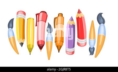 Stationery assortment. Horizontal composition. Brushes and pencils. Cartoon funny style. Isolated on white background. Symbolic object. Childrens Stock Vector