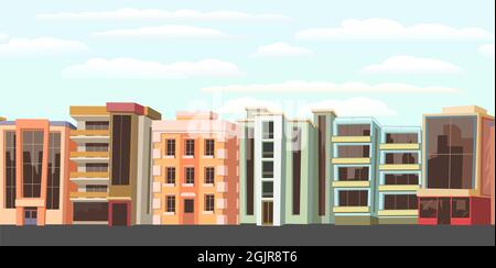 Town street. Residential area. Townhouses along the line of road. Cozy buildings with several floors. Cartoon flat seamless illustration. Vector. Stock Vector