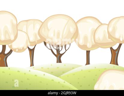 Fabulous sweet forest. Ice cream, drips of white milk cream. Trees with chocolate trunks. Cute hilly landscape for children. Isolated illustration Stock Vector