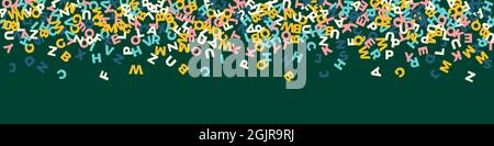 Falling letters of English language. Pastel flying words of Latin alphabet. Foreign languages study concept. Positive back to school banner on blackbo Stock Vector