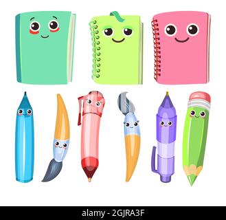 Stationery objects set isolated on white background. Cartoon style brushes and pencils. Markers and ballpoint pens. Cheerful characters with a face Stock Vector