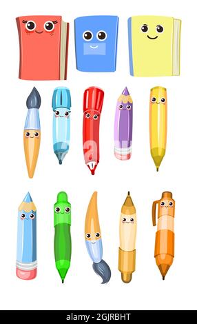 Stationery objects set isolated on white background. Cheerful characters with a smile. Cartoon style brushes and pencils. Markers and ballpoint pens Stock Vector