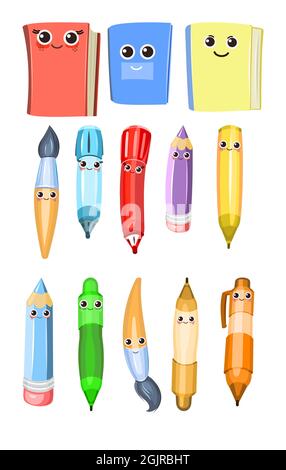 https://l450v.alamy.com/450v/2gjrbht/stationery-objects-set-isolated-on-white-background-cheerful-characters-with-a-smile-cartoon-style-brushes-and-pencils-markers-and-ballpoint-pens-2gjrbht.jpg