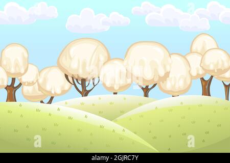 Fabulous sweet forest. Ice cream, drips of white milk cream. Clouds. Trees with chocolate trunks. Cute hilly landscape for children. Beautiful Stock Vector