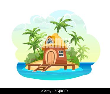 Bungalow on the island. In the blue calm sea. Summer seascape. Beach hut by the ocean. Isolated on white background. Palm trees and tropical plants Stock Vector