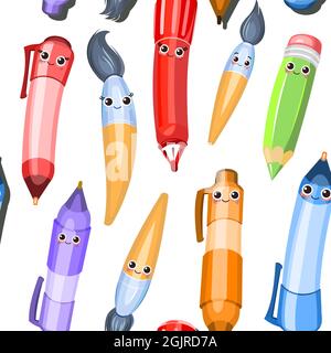 Ballpoint and gel pens. Seamless pattern. Background illustration in cartoon style with paint brushes. Cheerful characters with a face. Isolated on Stock Vector