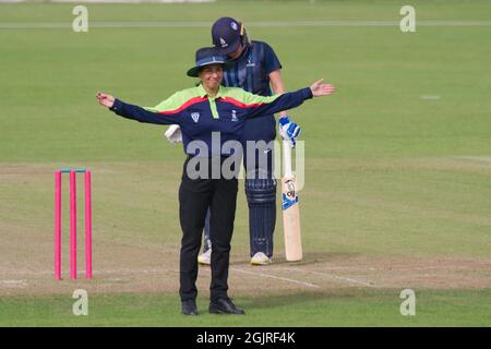 Chester le Street, England, 10 September 2021. Lina Nenova signalling a wide during the Rachael Heyhoe Flint Trophy match between Northern Diamonds and Western Storm at the Emirates Riverside. Credit: Colin Edwards/Alamy Stock Photo