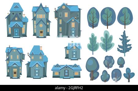 Set of cartoon houses and trees. At night. A beautiful, cozy country house in a traditional European style. Collection of Cute funny homes. Darkness Stock Vector