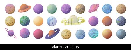 Set of space planets. Large collection of objects. Isolated on white background. With an atmosphere and empty, with the rings of Saturn and gas clouds Stock Vector