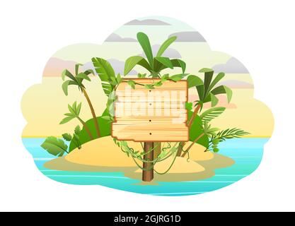 Square wooden sign. Sandy Island in the ocean. Cartoon style. Blue calm sea. Flat design illustration. Jungle palm trees. Stands on stick in the grass Stock Vector