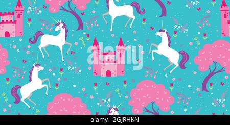 Unicorns and castle seamless vector pattern Stock Vector