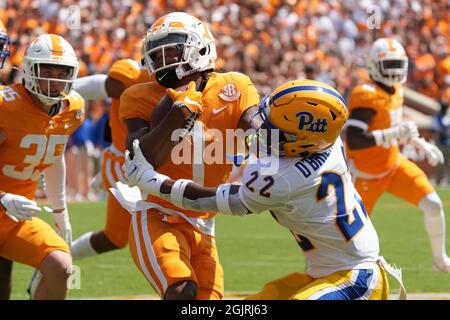 September 11, 2021: Tennessee Volunteers wide receiver Velus Jones Jr. #1 runs the ball while Pittsburgh Panthers defensive back P.J. O'Brien #22 tackles him during the NCAA football game between the University of Tennessee Volunteers and the University of Pittsburgh Panthers at Neyland Stadium in Knoxville TN Tim Gangloff/CSM Stock Photo