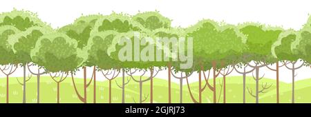 Thin young trees. Grassy green hills. Beautiful and graceful landscape. Isolated on white background. Flat style. Cartoon design. Seamless, Vector Stock Vector