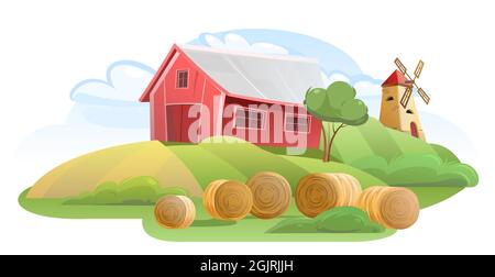 Barn. Garden and rolling hills. Rural farm landscape with windmill and straw. Cute funny cartoon design illustration. Isolated on white background Stock Vector