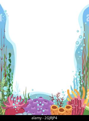 The bottom of reservoir with fish. Frame,Blue water. Sea ocean. Underwater landscape with animals, plants, algae and corals. Illustration in cartoon Stock Vector