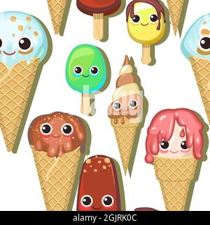 Ice cream pattern seamless. Background illustration. Wallpaper print. In waffle glasses and cones. Popsicle on sticks. Summer food sweet dessert Stock Vector