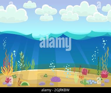 Sandy bottom of the reservoir. Blue transparent clear water. Sea ocean. Underwater landscape with plants, algae and corals. Illustration in cartoon Stock Vector