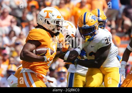 September 11, 2021: Tennessee Volunteers wide receiver Velus Jones Jr. #1 runs the ball during the NCAA football game between the University of Tennessee Volunteers and the University of Pittsburgh Panthers at Neyland Stadium in Knoxville TN Tim Gangloff/CSM Stock Photo