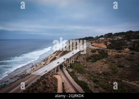 Aerial View Of Highway Near Torrey Pines State Beach, Del Mar, San Diego California  Stock Photo