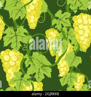 Bunches of grapes. Branches with berries on a dense bush. Young vineyard. Sweet autumn harvest. On dark background. Seamless pattern. Vector. Stock Vector