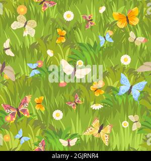 Seamless pattern. Meadow with dense grass, flowers and butterflies ...