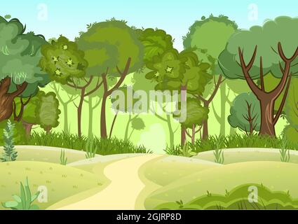 Forest road. Summer landscape. Dense foliage. View of green trees. Cartoon flat style. Light foggy thickets. Nature illustration. Trunks of trees Stock Vector