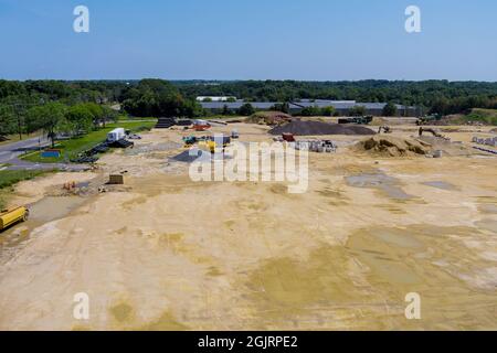 Aerial view of construction earn work in new residential buildings Stock Photo