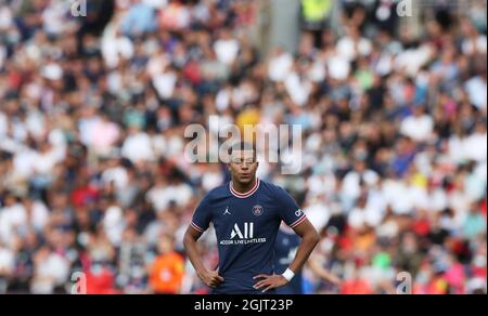 Paris, France. 11th Sep, 2021. Paris Saint Germain's Kylian Mbappe reacts during the French Ligue 1 football match between Paris Saint Germain (PSG) and Clermont in Paris, France, Sept. 11, 2021. Credit: Gao Jing/Xinhua/Alamy Live News Stock Photo