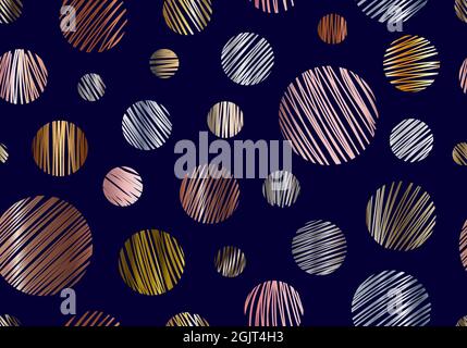 Abstract elegant gold, pink gold, silver, copper metallic circles seamless pattern with hand drawn striped line texture isolated on dark blue backgrou Stock Vector