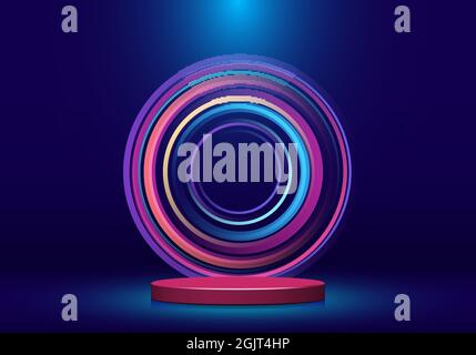 3D realistic shiny pink cylinder pedestal shape with spotlight on blue studio room background with colorful neon lighting circles backdrop. Stage disp Stock Vector