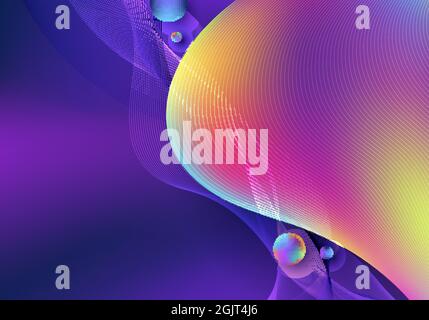 Abstract liquid vibrant gradient shape with circles and wavy lines on blue background. Vector illustration Stock Vector