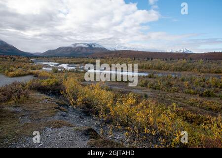 Mt. Denali can be seen from the Mountain Vista walking area in Denali National Park, AK, USA Stock Photo