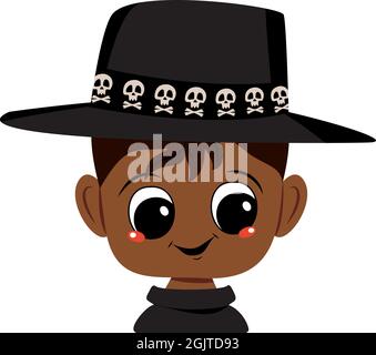 Avatar of an African American boy with dark skin, big eyes and a wide happy smile wearing a hat with a skull. The head of a child with a joyful face. Halloween party decoration Stock Vector