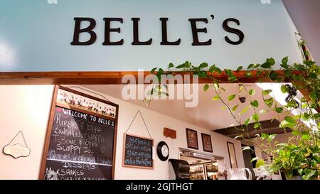 Houston, Texas USA 01-09-2020: Belle's Kitchen sign inside their restaurant in Houston, TX. A popular local eatery for breakfast and lunch. Stock Photo