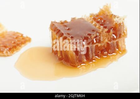 Honey with propolis on plate macro clsoe up view. Tasty sweet food background Stock Photo