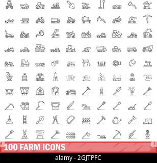 100 farm icons set. Outline illustration of 100 farm icons vector set isolated on white background Stock Vector