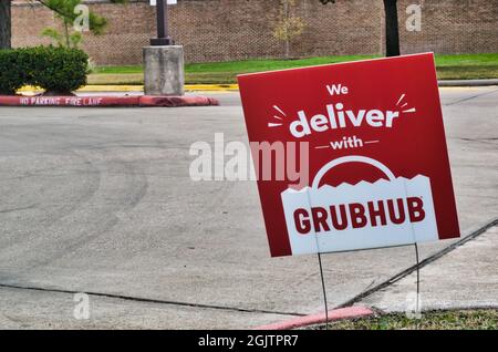 Humble, Texas USA 01-01-2020: Grubhub sign posted in Humble, TX. Online food delivery service that is becoming increasingly popular in the US. Stock Photo