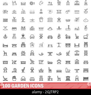 100 garden icons set. Outline illustration of 100 garden icons vector set isolated on white background Stock Vector