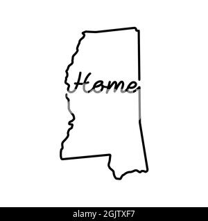 Mississippi US state outline map with the handwritten HOME word. Continuous line drawing of patriotic home sign. A love for a small homeland. Interior Stock Photo