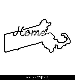 Massachusetts US state outline map with the handwritten HOME word. Continuous line drawing of patriotic home sign. A love for a small homeland. Interi Stock Photo