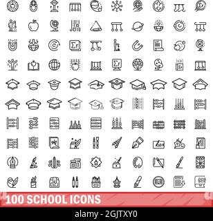 100 school icons set. Outline illustration of 100 school icons vector set isolated on white background Stock Vector