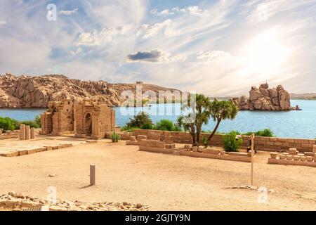 Temple arch ruins, Agilkia Island on the Nile, Aswan, Egypt. Stock Photo