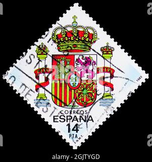 MOSCOW, RUSSIA - JUNE 20, 2021: Postage stamp printed in Spain shows Spanish Coat of Arms, circa 1983 Stock Photo