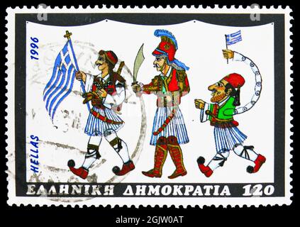 MOSCOW, RUSSIA - JUNE 20, 2021: Postage stamp printed in Greece shows Figures from Shadow Theatre, serie, circa 1996 Stock Photo