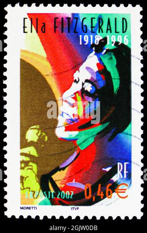 MOSCOW, RUSSIA - JUNE 20, 2021: Postage stamp printed in France shows Jazz Star: Ella Fitzgerald (1918-1996), serie, circa 2002 Stock Photo