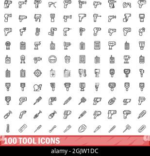 100 tool icons set. Outline illustration of 100 tool icons vector set isolated on white background Stock Vector